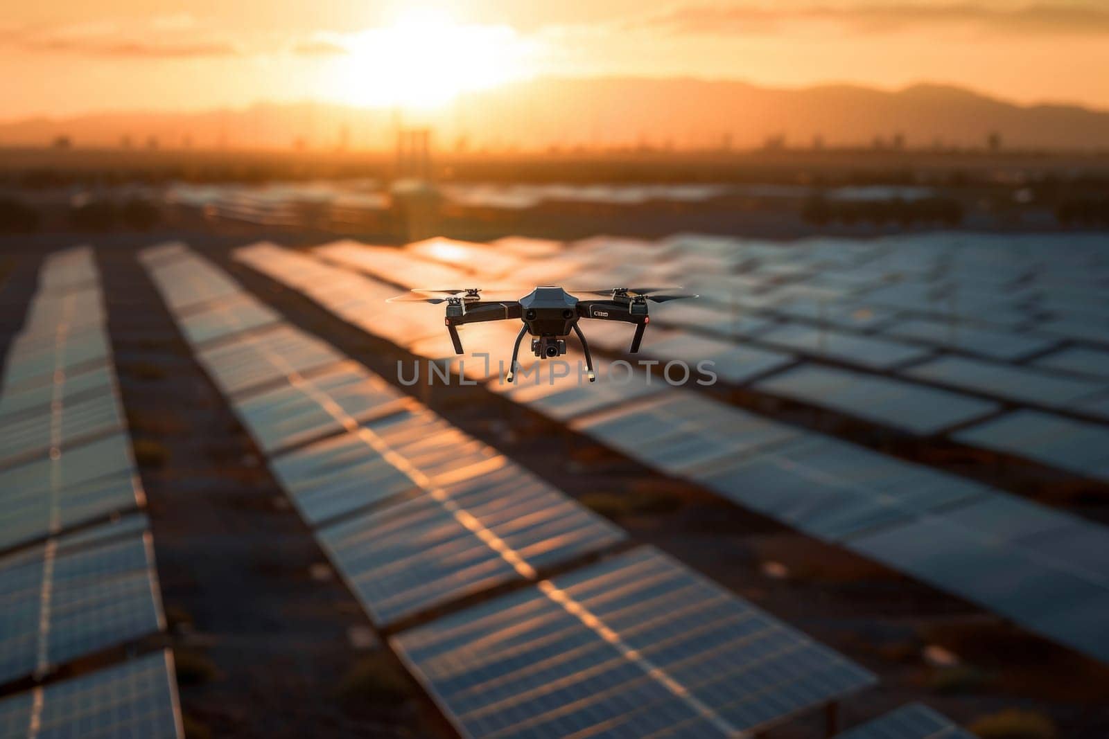 Witness the stunning beauty of a solar farm as the sun sets, casting a golden glow over rows of solar panels capturing clean energy.