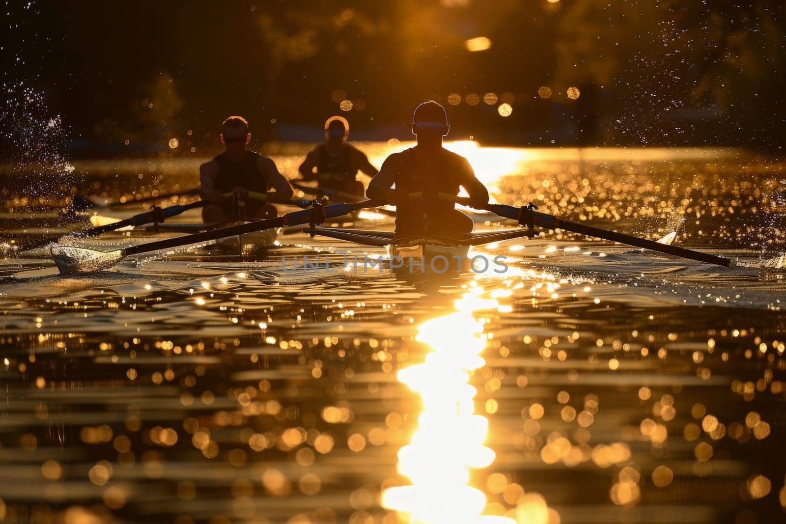 A group of people row a boat together on a serene body of water, moving in perfect synchrony towards an unknown destination under the clear sky.