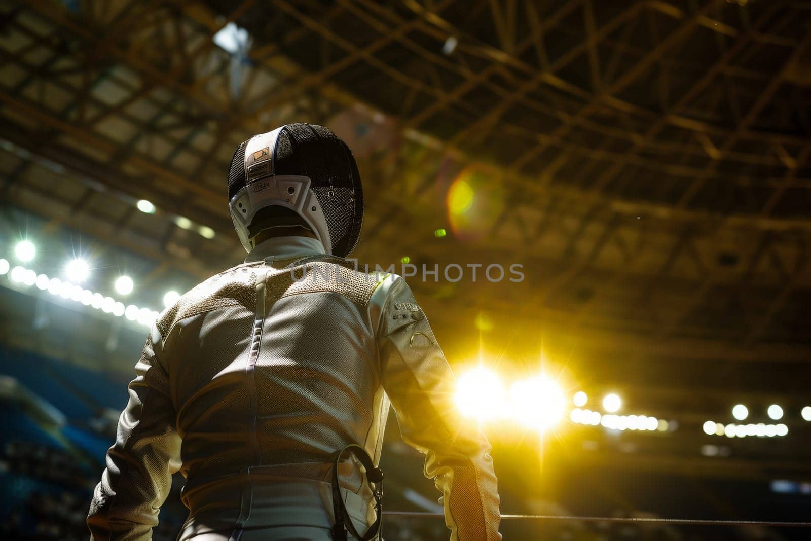 Fencer stands ready, backlit by a dramatic sunset, amidst the anticipation of an upcoming duel.