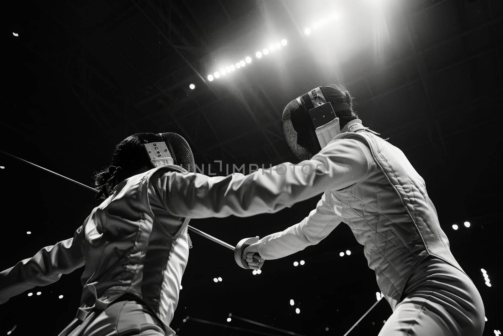 Two fencers engage in a dynamic duel, their foils meeting under the bright lights of competition.