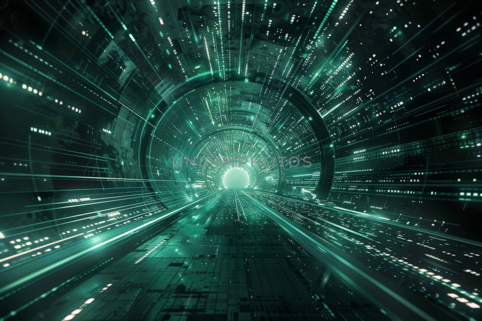 A tunnel bathed in a radiant glow of numerous green lights creating a mystical and mesmerizing atmosphere.