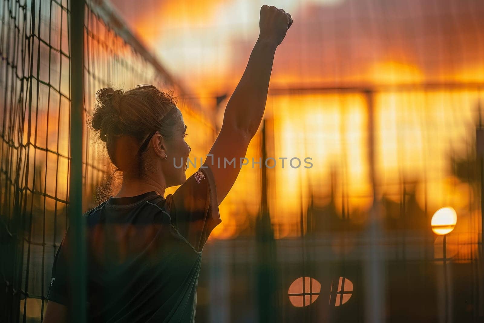 A woman exuding confidence and victory holds a tennis racquet atop a vibrant tennis court, ready for her next match.