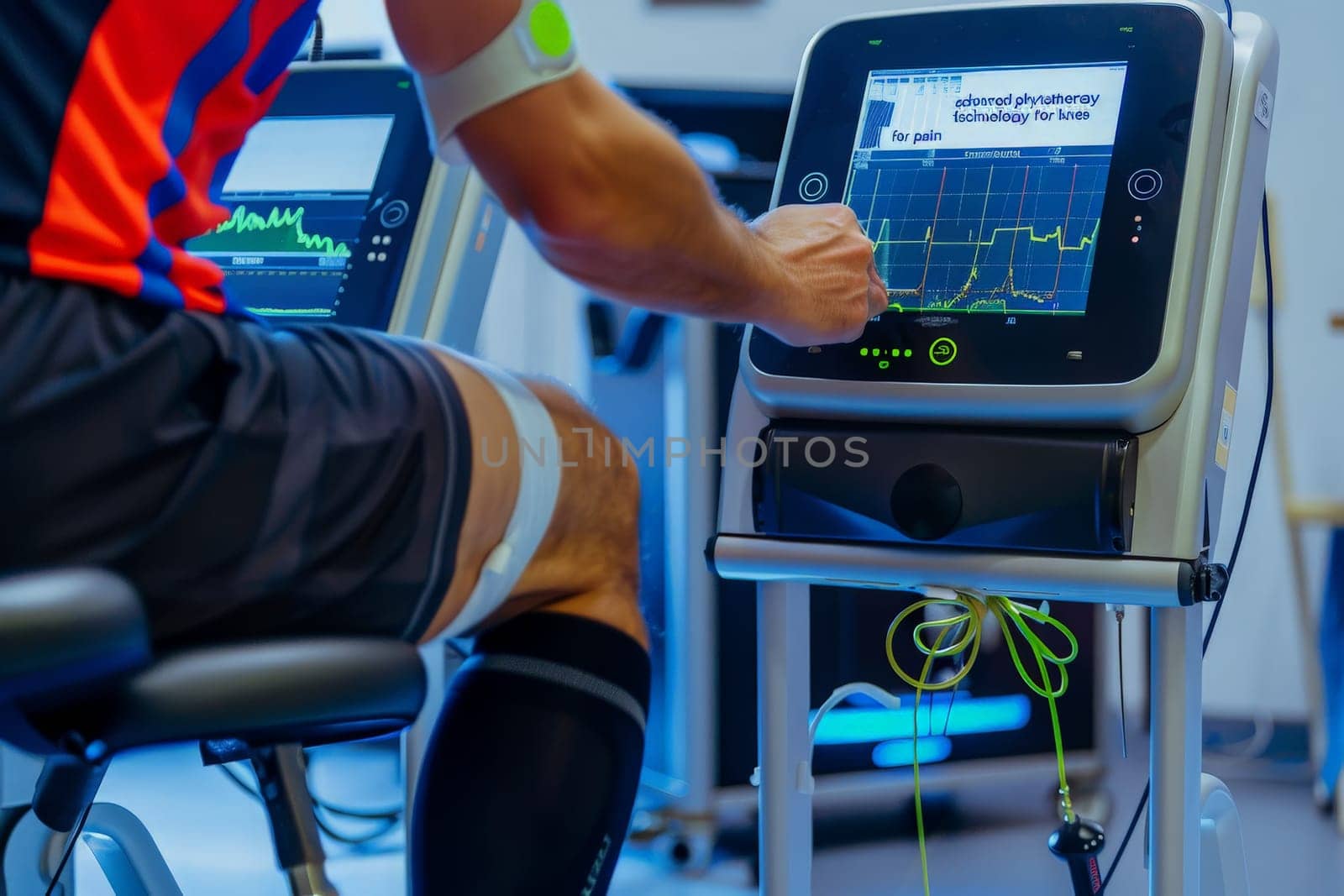 A patient undergoes knee therapy using cutting-edge equipment, displaying real-time progress on the screen.