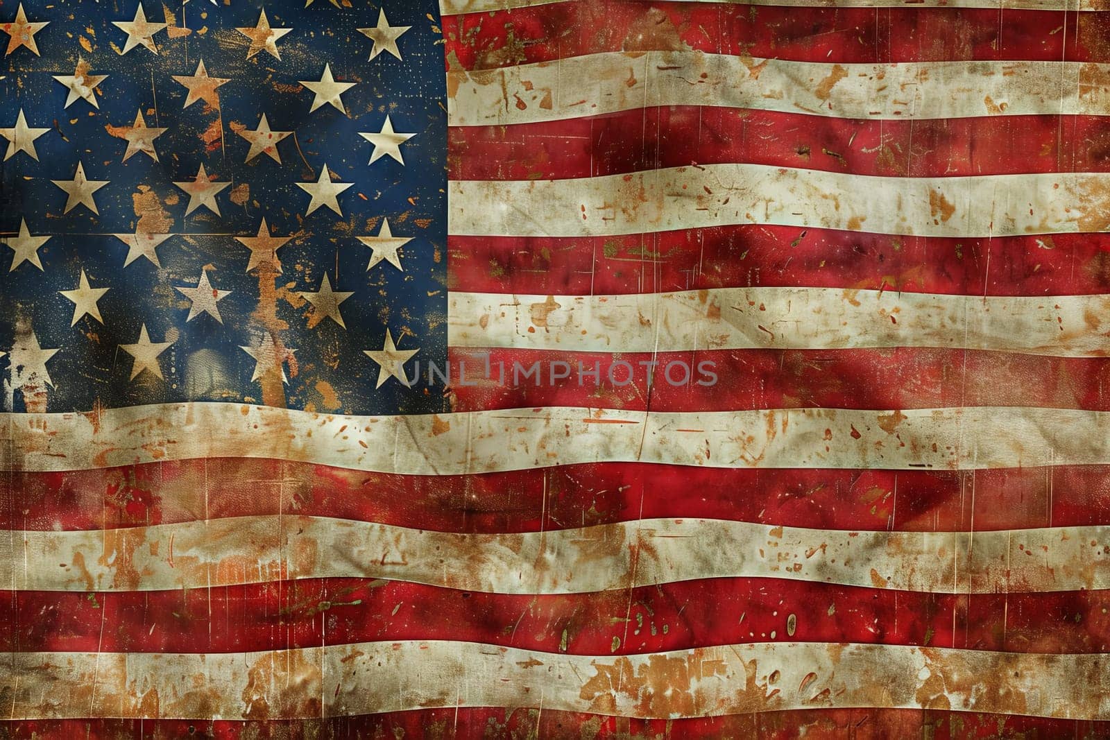 A grungy American flag with stars, showcasing signs of wear and tear, symbolizing resilience and endurance.