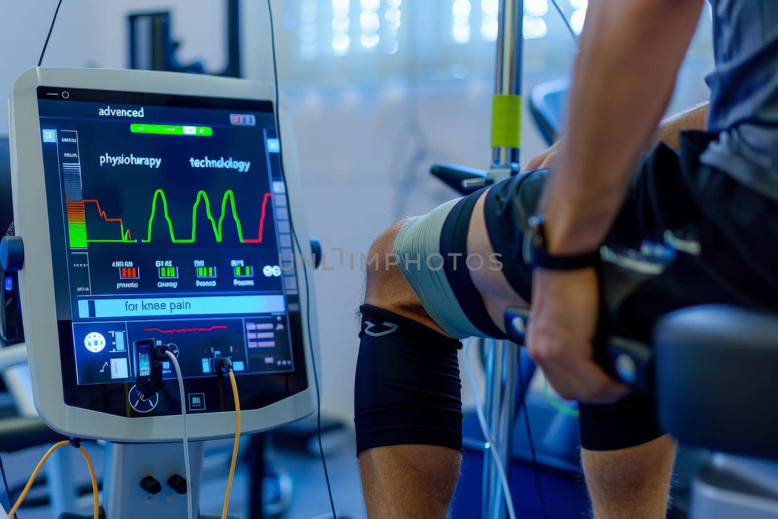A man with knee braces is actively using a machine to improve his mobility and strengthen his knees.
