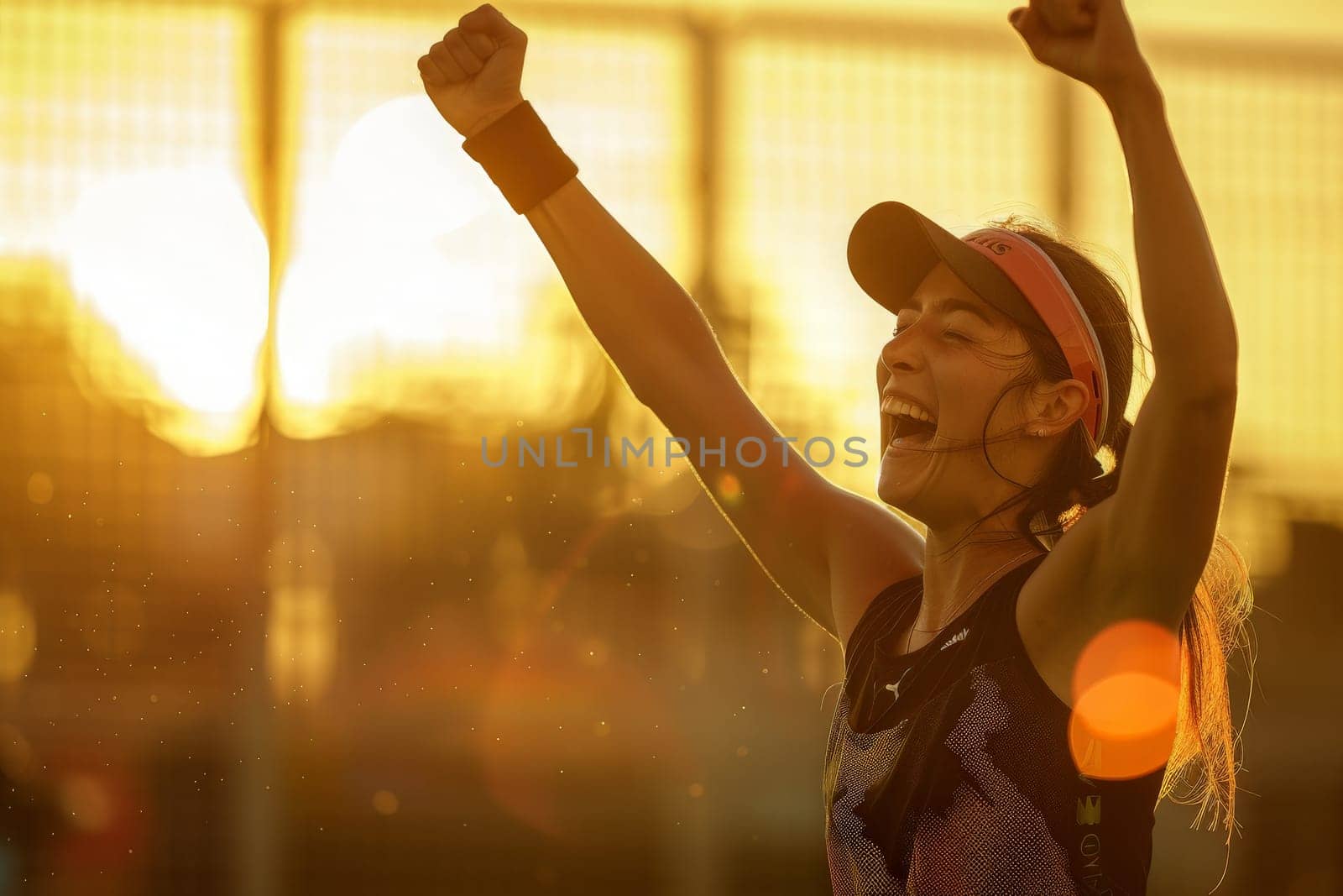 A young woman exudes victory as she raises her arms in the air with an expression of joy and accomplishment.