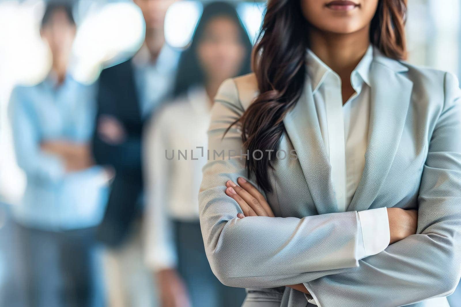 A confident woman stands with crossed arms in front of a group of people, exuding authority and leadership.
