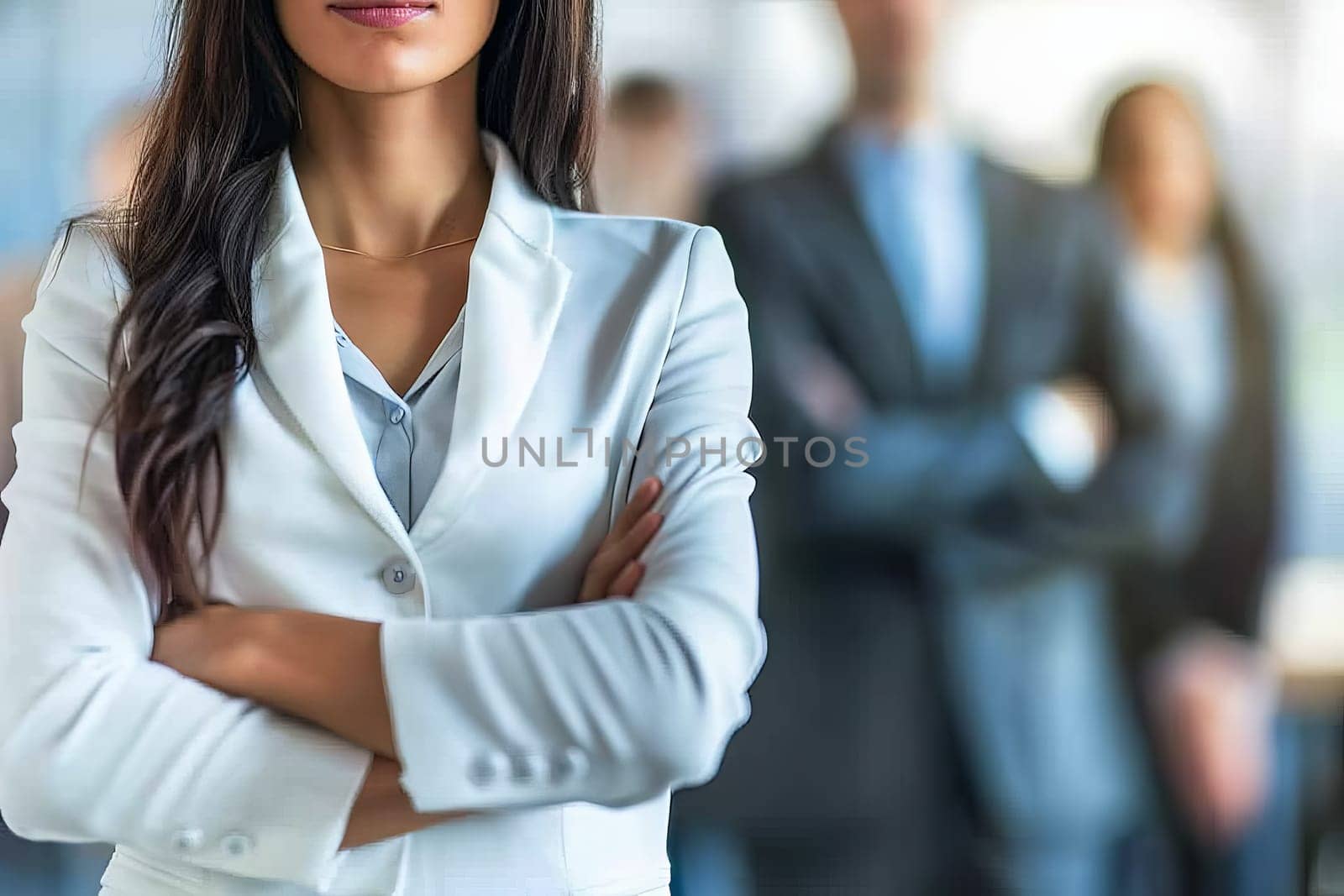 A woman with her arms crossed is standing confidently in front of a group of people, exuding power and unity.