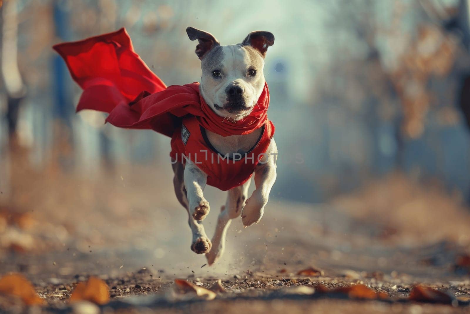 A dog races elegantly with a vibrant red scarf flowing around its neck.