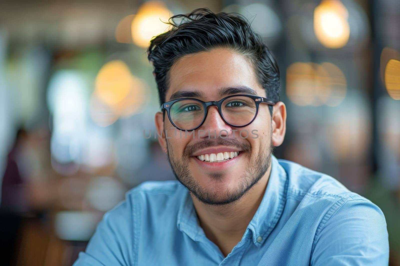 A man with glasses exudes warmth and joy as he smiles at the camera, emanating charisma and confidence.