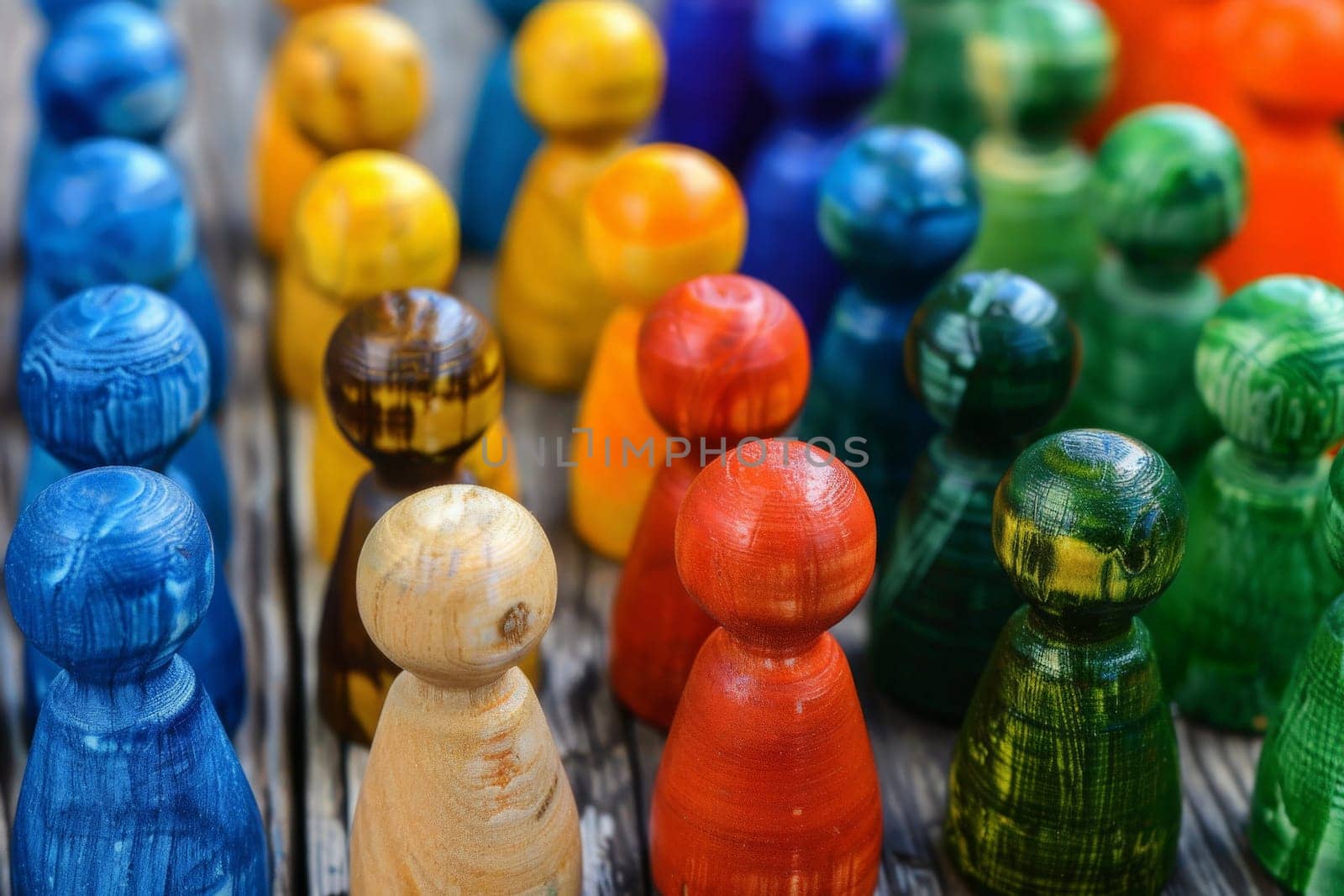 A close up view of a whimsical group of wooden toy figures standing together in a magical and enchanting setting.