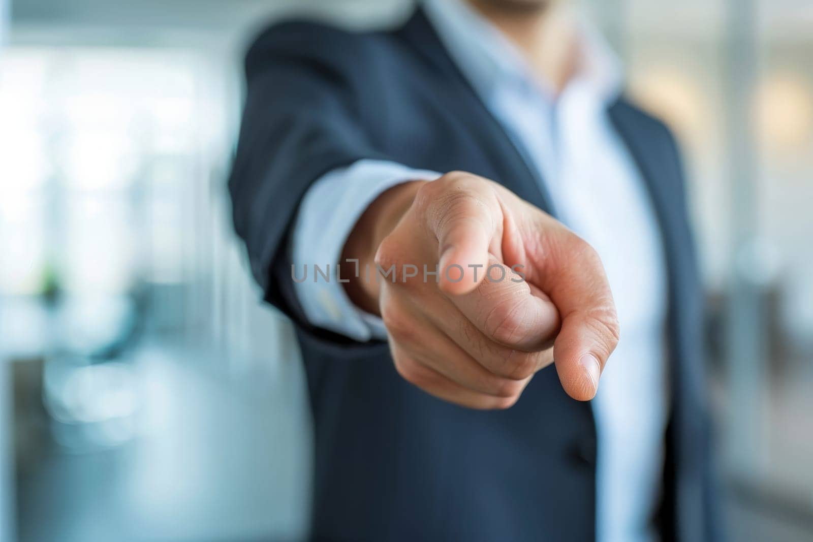 A man in a sharp suit confidently points towards a future opportunity, showing leadership and direction.