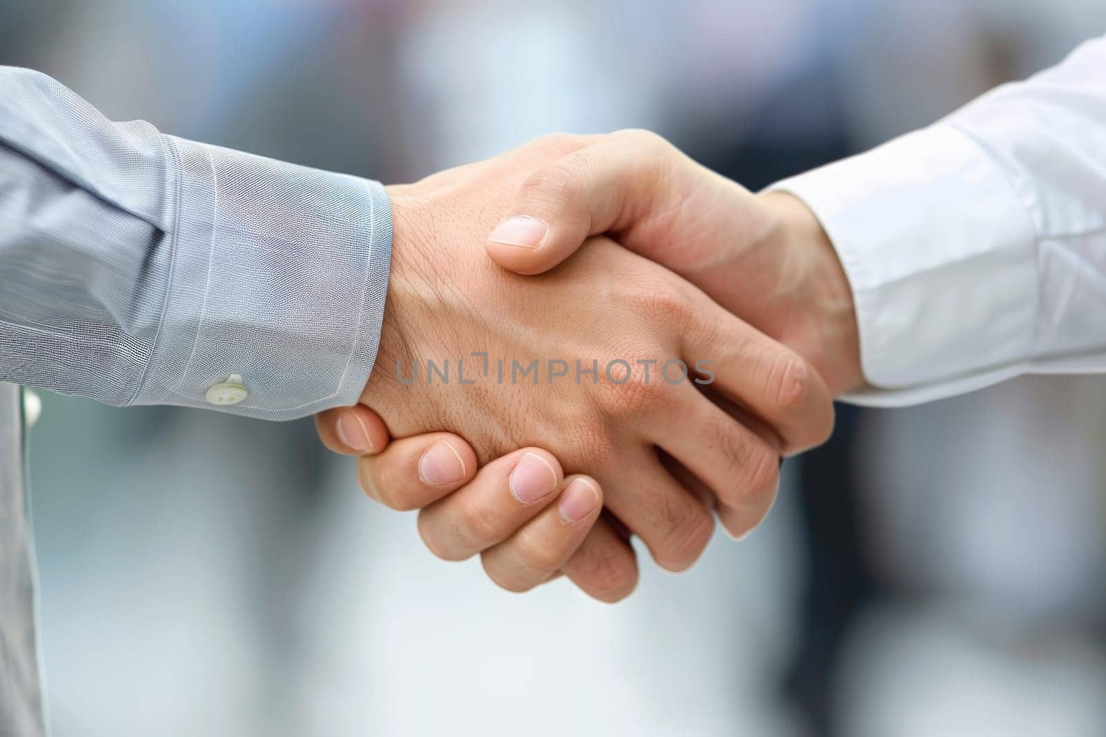 Two individuals engaged in a formal handshake, symbolizing mutual respect, trust, and agreement.