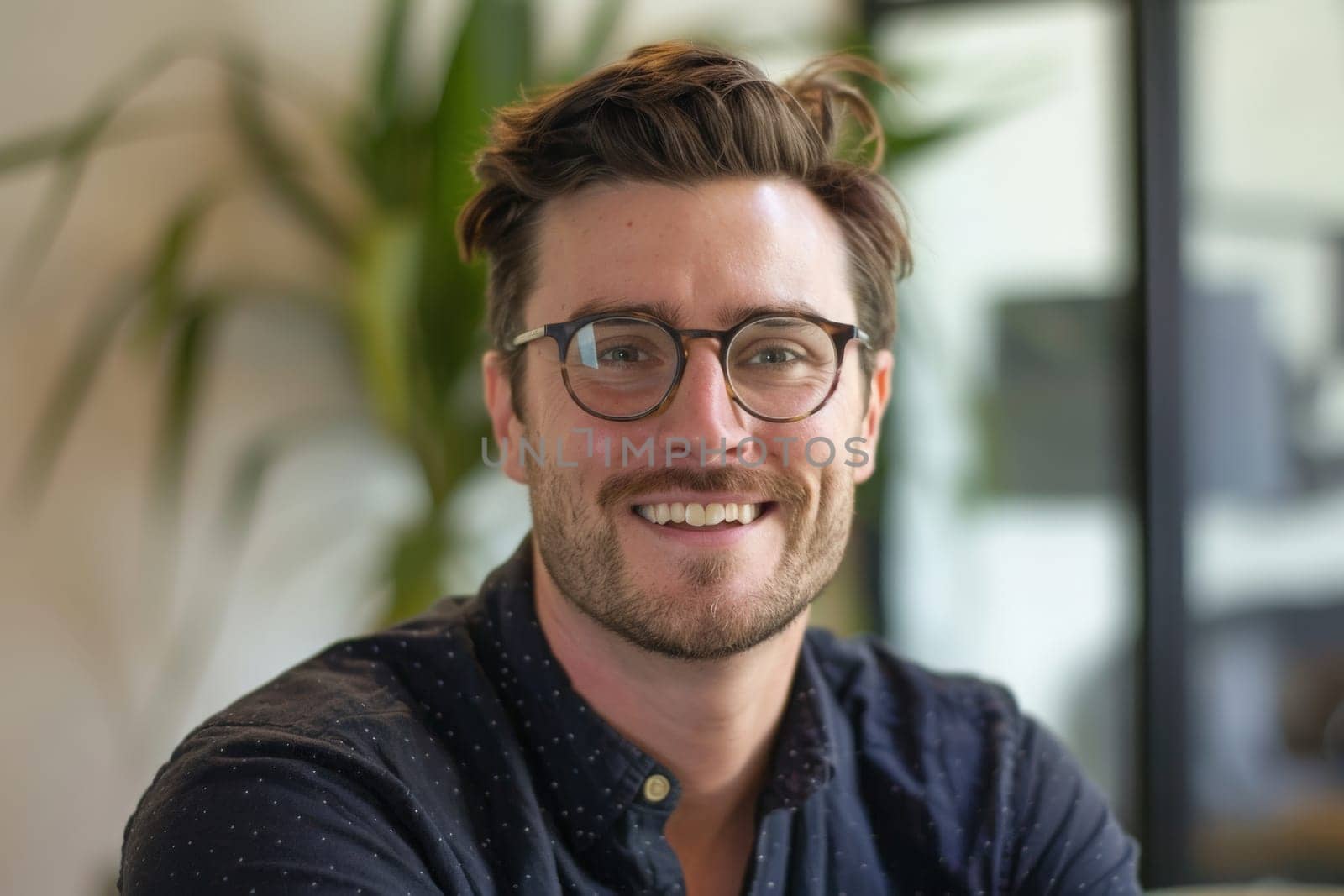 A man with glasses happily smiles at the camera.