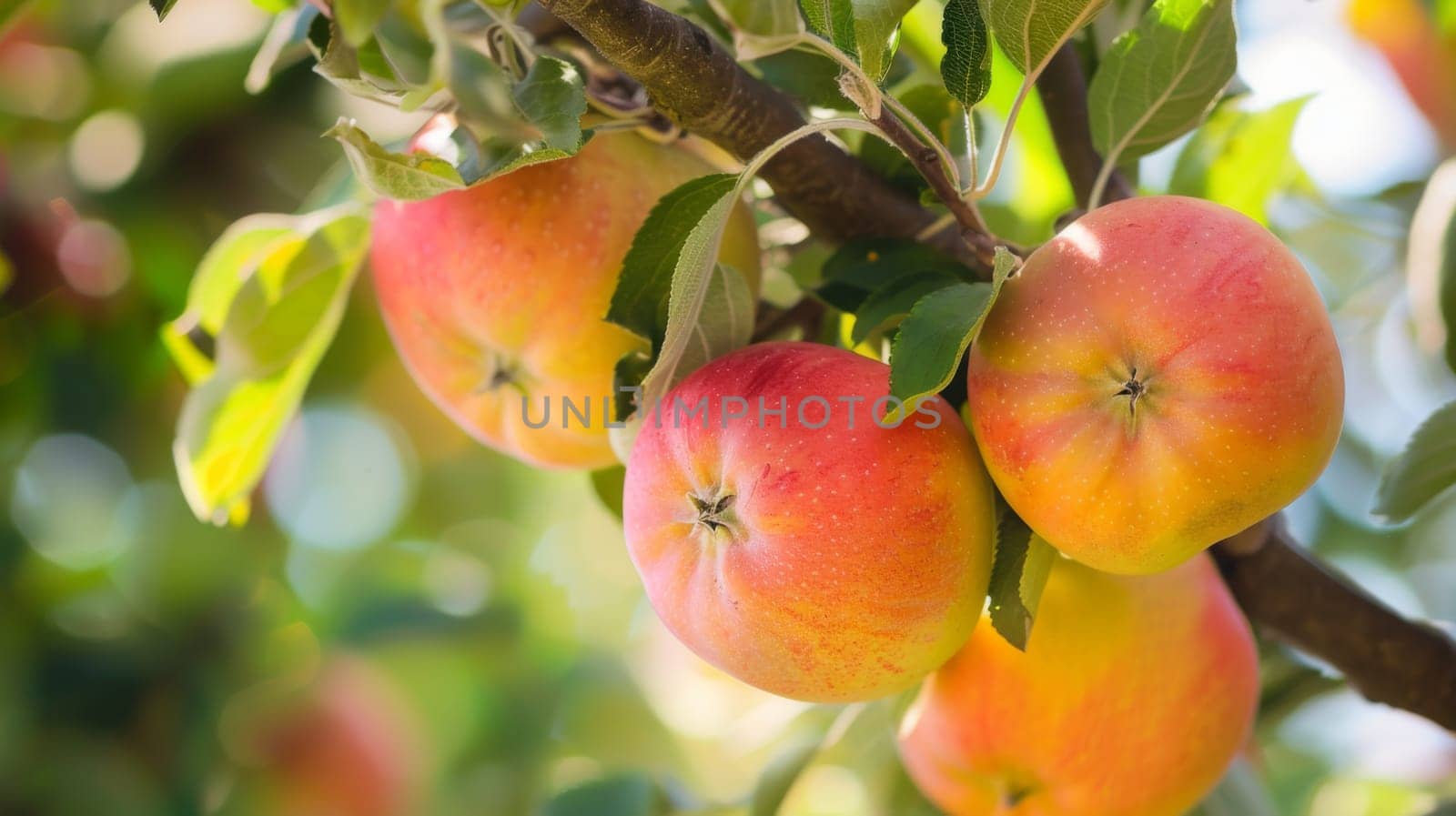 A cluster of ripe, red apples hanging from a leafy tree branch. The apples are ready for harvest, contrasting against the green leaves. Some apples are slightly obscured by foliage, while others are clearly visible, dangling in the sunlight.