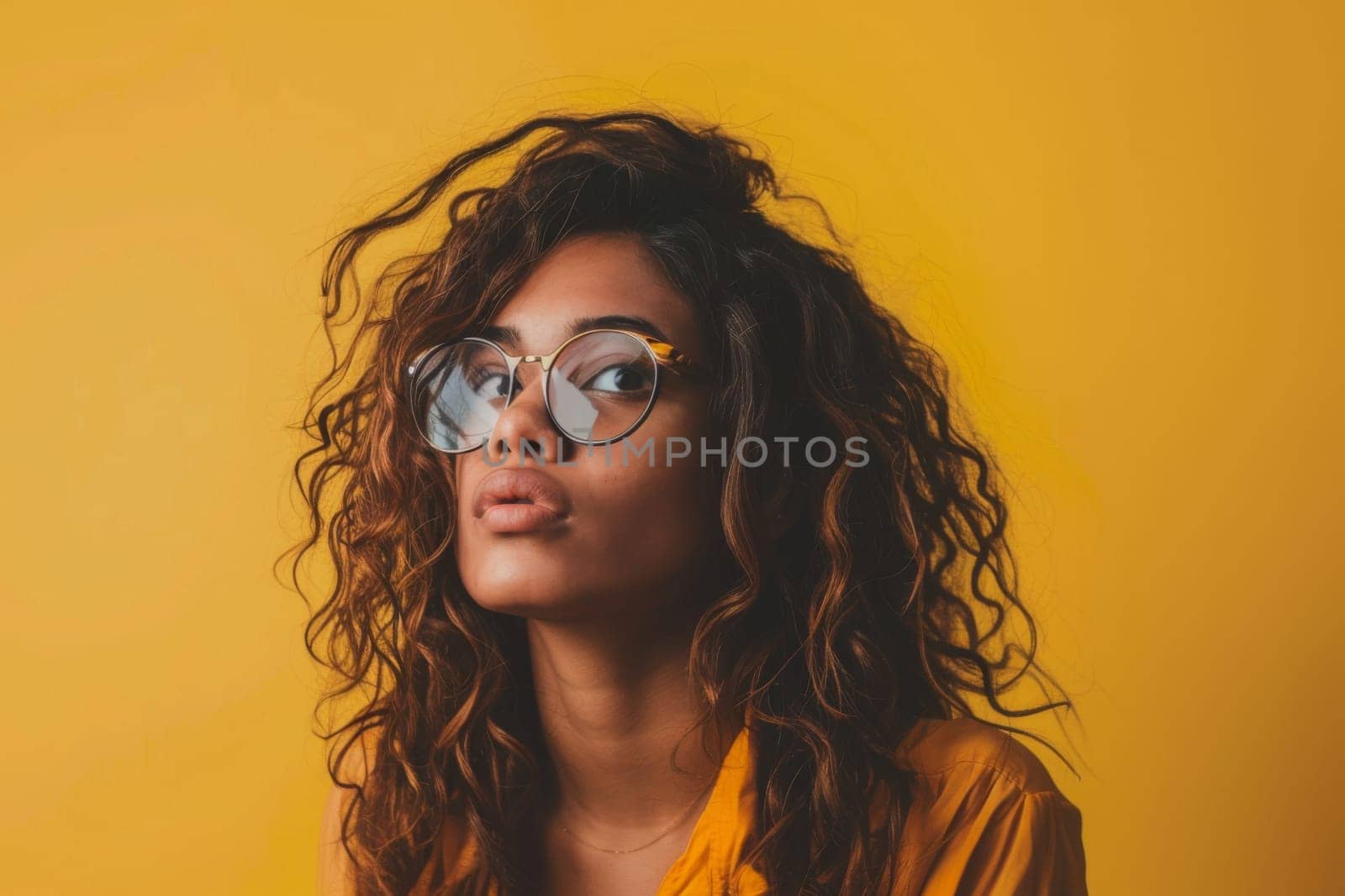 A woman with glasses is wearing a bright yellow shirt. She is standing confidently, looking directly at the camera. Her outfit is simple yet stylish, giving off a professional and chic vibe.