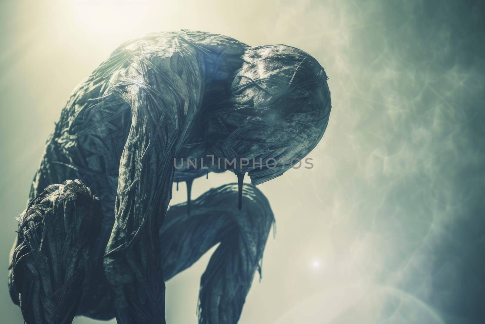 A frightening creature, with a menacing appearance, stands amidst dense fog, its eerie figure obscured by the mist. The scene evokes a sense of fear and mystery, as the unknown entity lurks in the hazy surroundings.