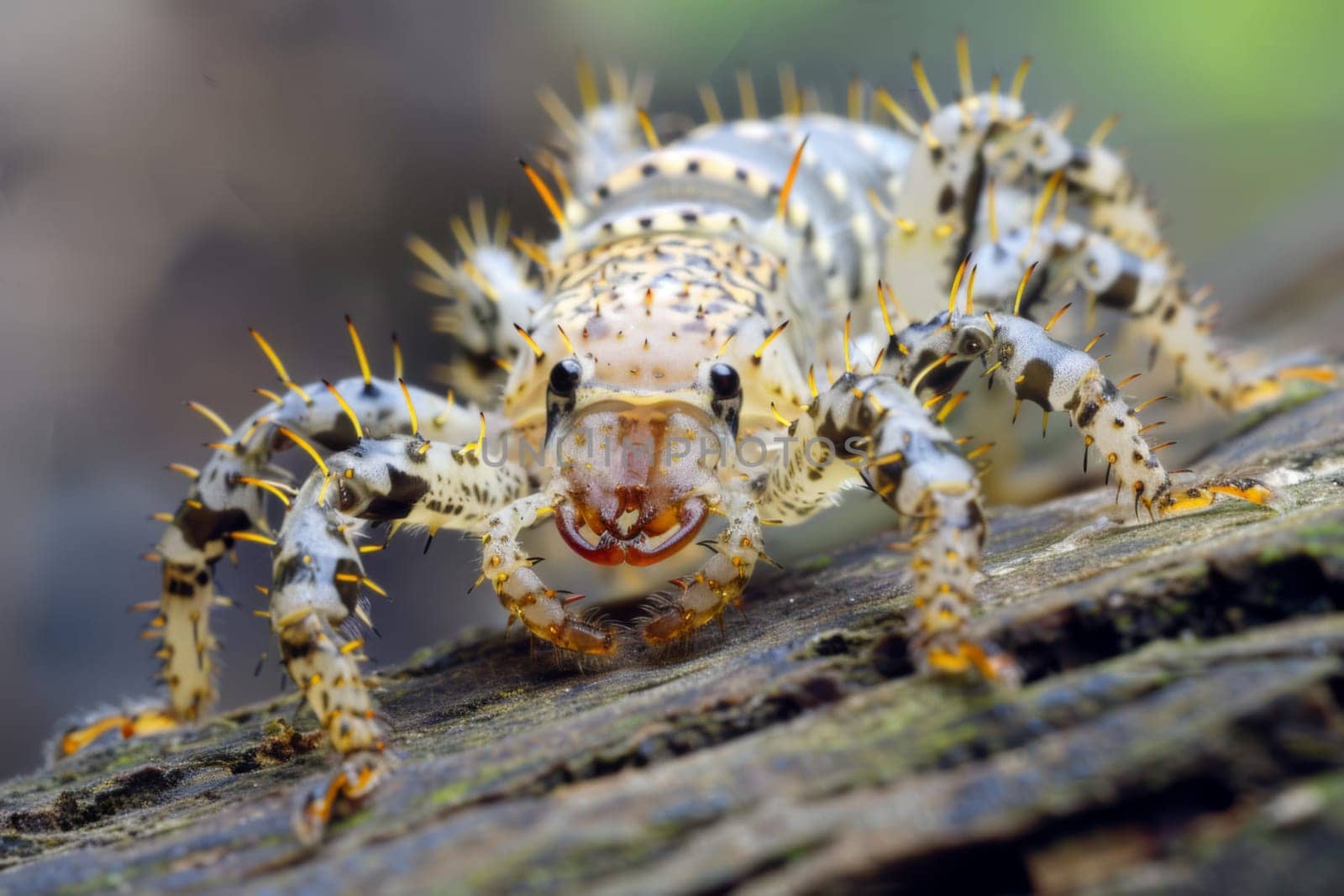 A detailed close-up view of a tiny insect crawling on a brown piece of wood. The insect is exploring its surroundings, showcasing its intricate features and movements.