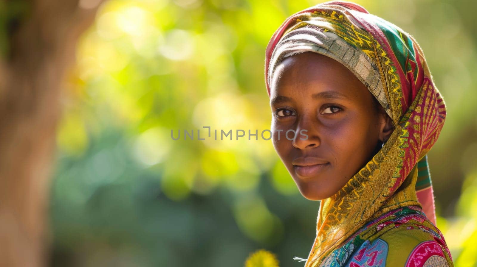 A young girl with a colorful headdress stands confidently in front of a tall tree, showcasing the vibrant contrast between her traditional attire and natures backdrop.