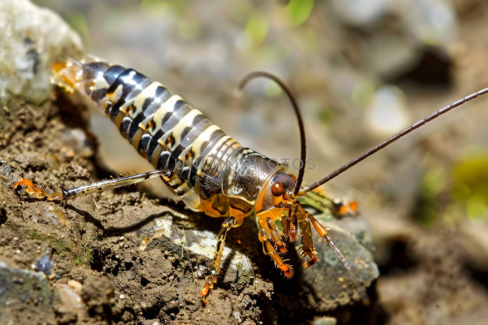 A close-up view of a bug crawling on a rock, showcasing intricate details of the insects body and the texture of the rock surface.