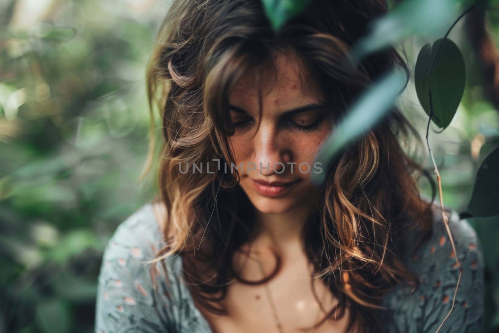 A woman is standing in a forest, holding a cell phone and staring at the screen. She appears focused on the device, surrounded by trees and greenery. The contrast between technology and nature is evident in this scene.
