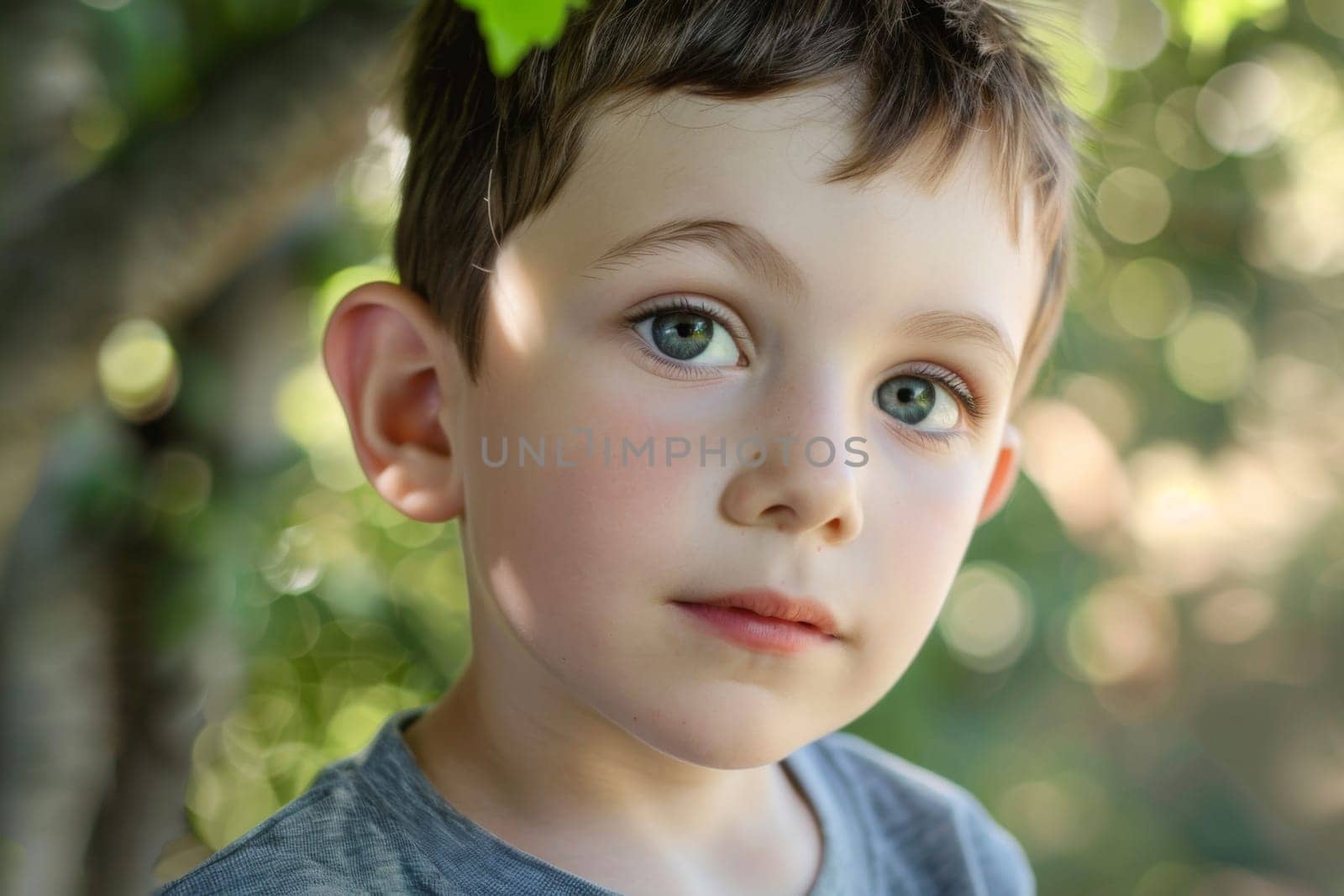 A young boy stands with a green leaf resting on his head. He gazes curiously at the world around him, his face expressing innocence and wonder. The leaf adds a touch of nature to the scene.