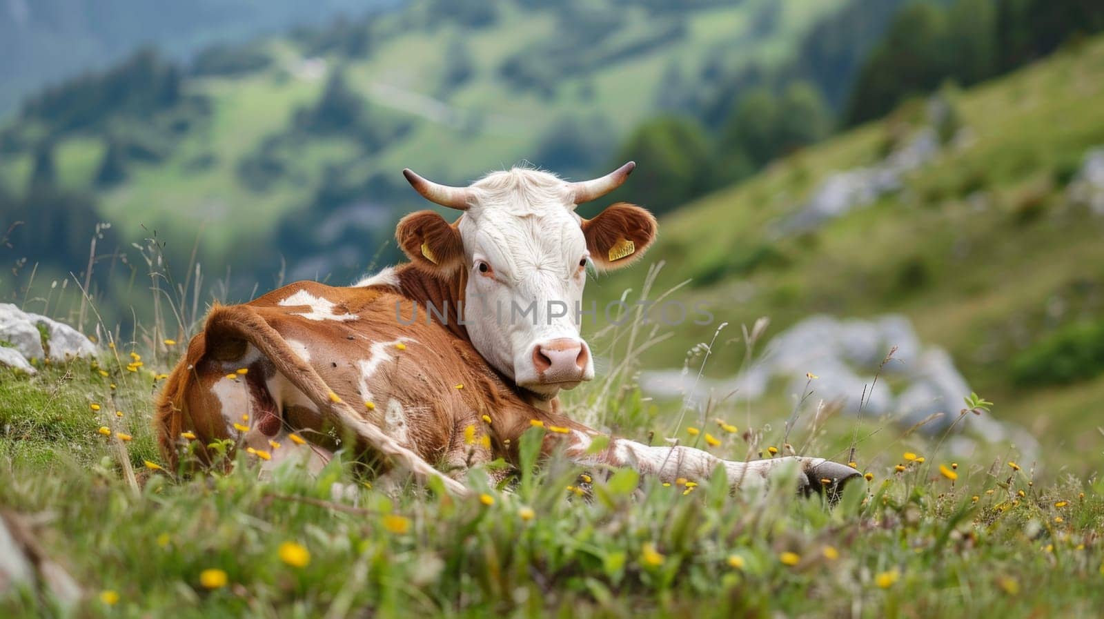 A brown and white cow is peacefully laying down in a grassy field, taking a break from grazing. The cows fur contrasts with the green grass beneath it.
