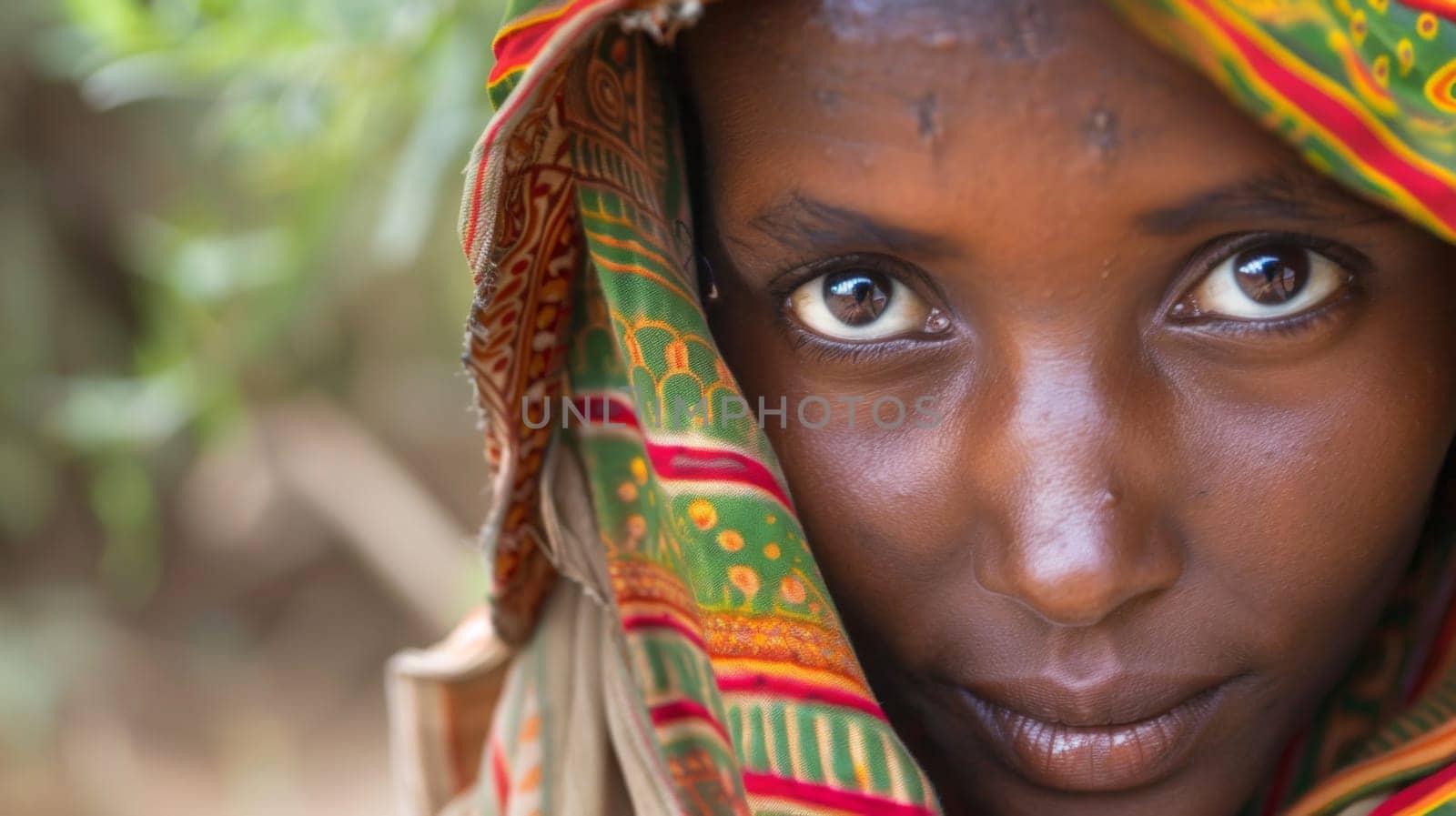 A woman is shown wearing a vibrant headscarf that covers her face completely. The scarf is adorned with different colors and patterns, adding a striking contrast to her attire.