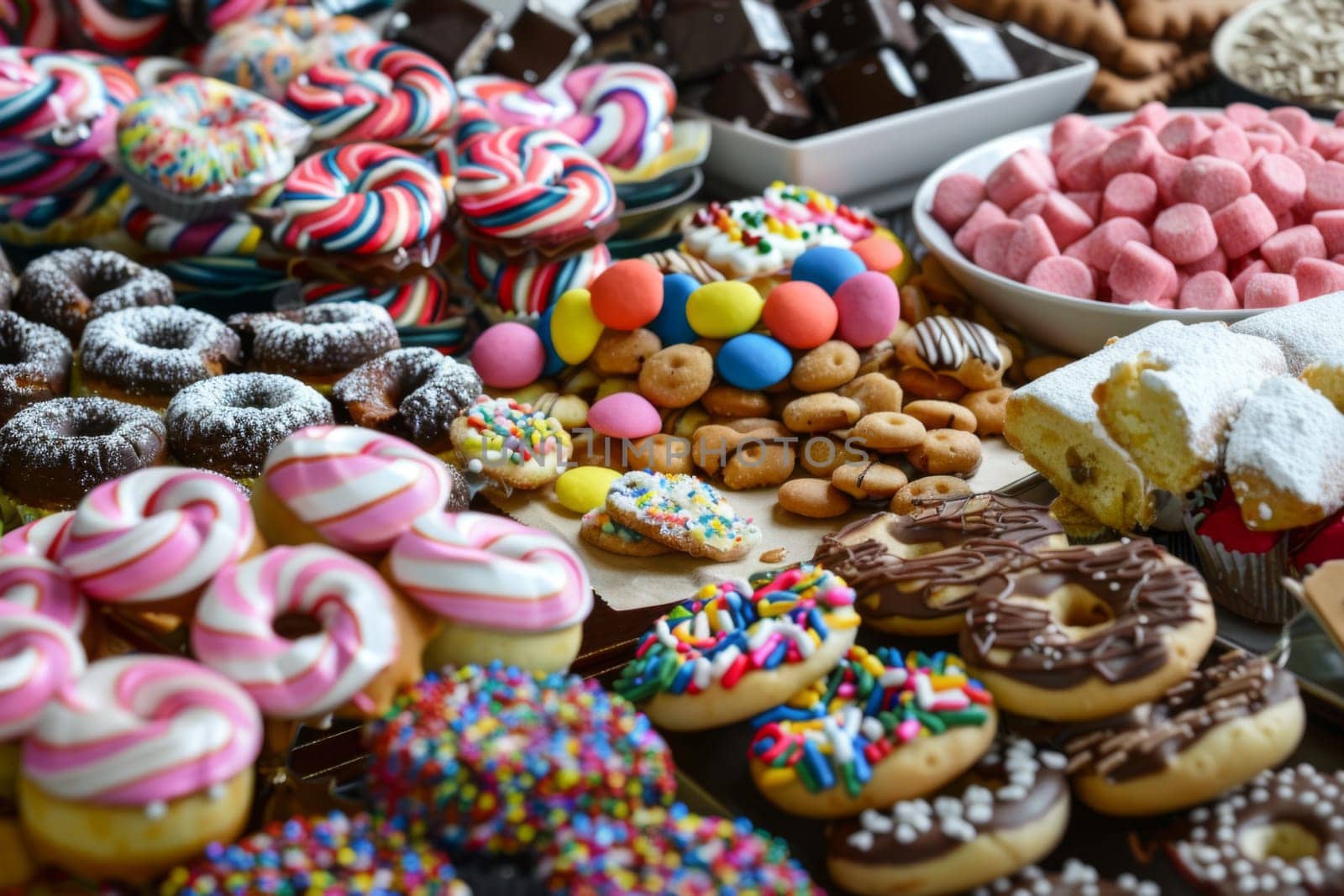 A variety of colorful and delicious donuts are arranged neatly on a table, showcasing different flavors, toppings, and shapes. From classic glazed to filled varieties, the assortment is sure to satisfy any sweet tooth.