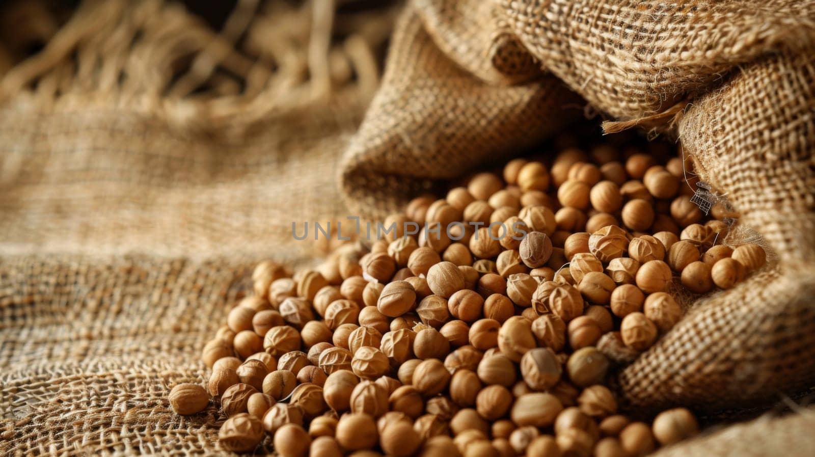 A collection of beans piled on a burlap sack, resting motionless on top of the rough texture of the sack. The beans appear to be freshly harvested and are neatly stacked on the sack.