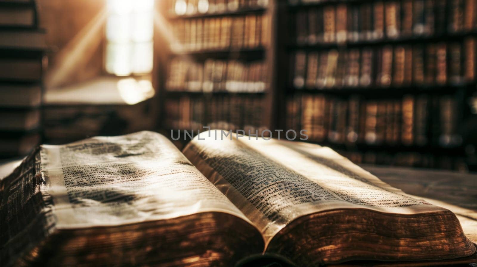 An open book lies flat on a wooden table inside a library. The books pages are spread out, revealing text. The quiet environment of the library is captured in the background.