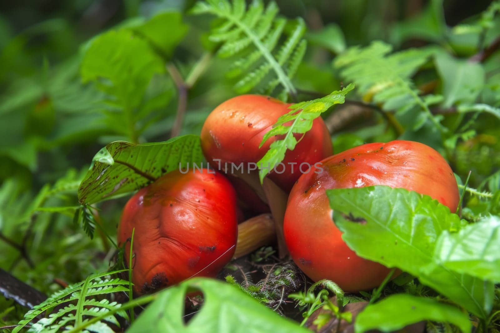A cluster of vibrant red fruits sits atop the dense green foliage of a lush forest. The fruits contrast beautifully against the backdrop of the forest canopy.