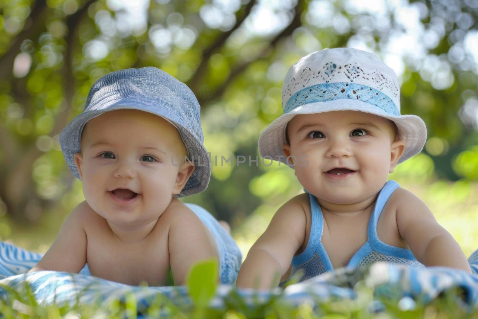Two infants lying down on green grass while wearing hats on their heads.