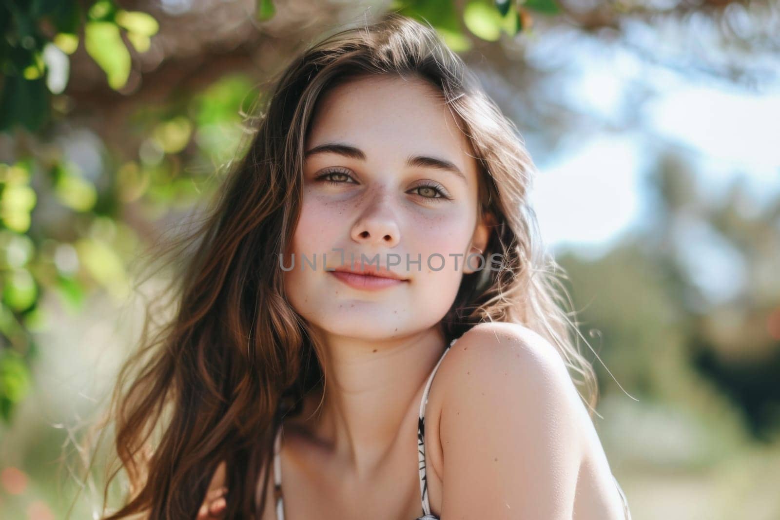 A beautiful young woman is comfortably seated under a lush tree, enjoying the shade. The sunlight filters through the leaves, creating dappled patterns on the ground. She looks relaxed and content, as if taking a moment to unwind in nature.
