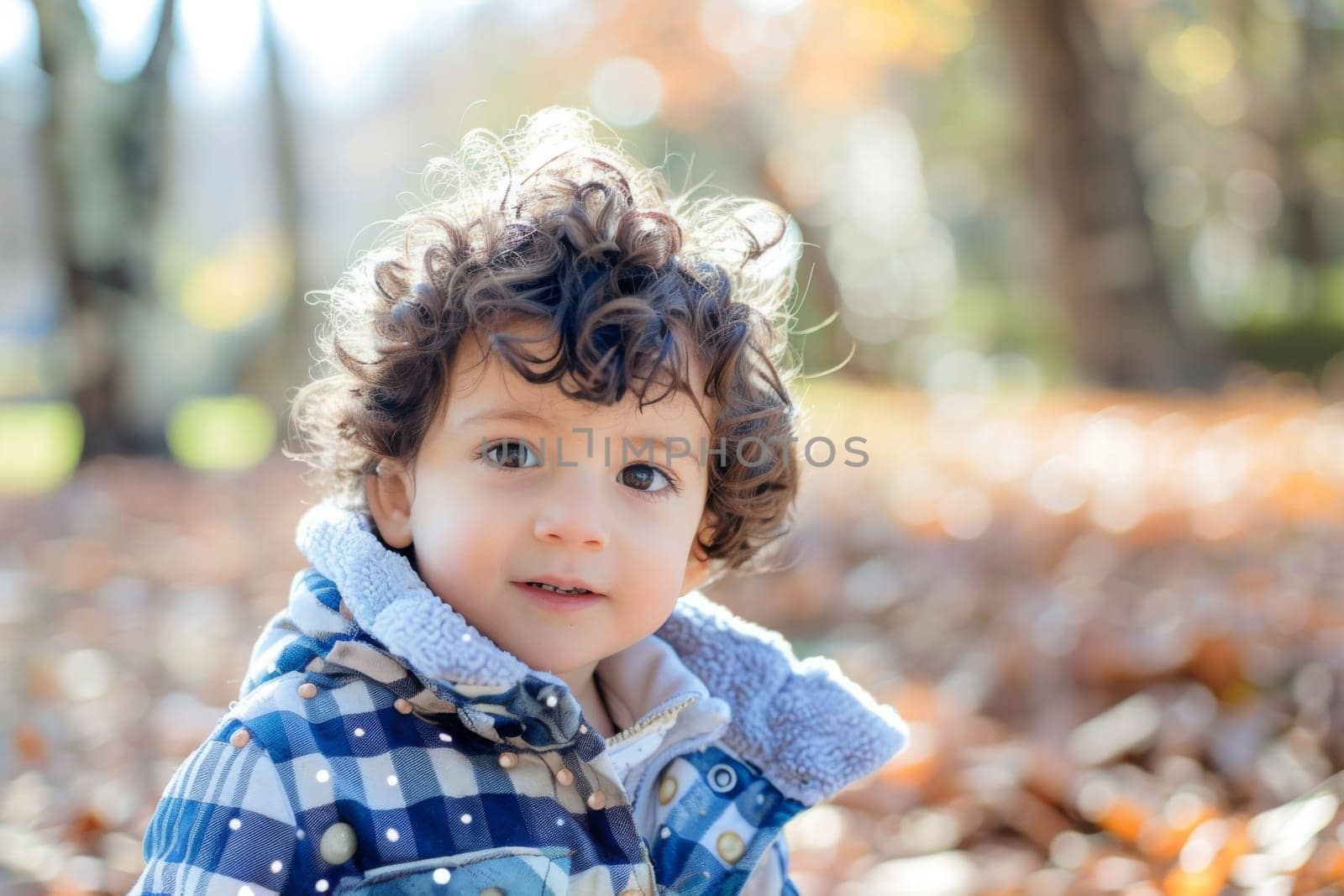 A little boy stands among a pile of fallen leaves, with colorful foliage surrounding him. He appears curious and engaged with his environment, exploring the textures and shapes of the leaves.