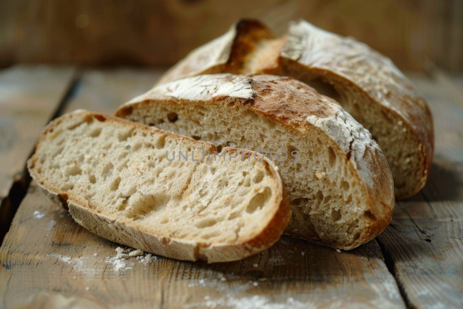 A loaf of bread is placed on top of a sturdy wooden table, showcasing its texture and shape. The bread appears freshly baked, with visible crust and soft interior. The tables surface adds a rustic touch to the scene.