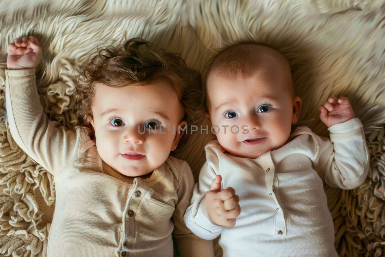 Two baby babies, one with a blue onesie and the other with a pink onesie, are lying side by side on a clean white blanket. They appear calm and content in their peaceful position.