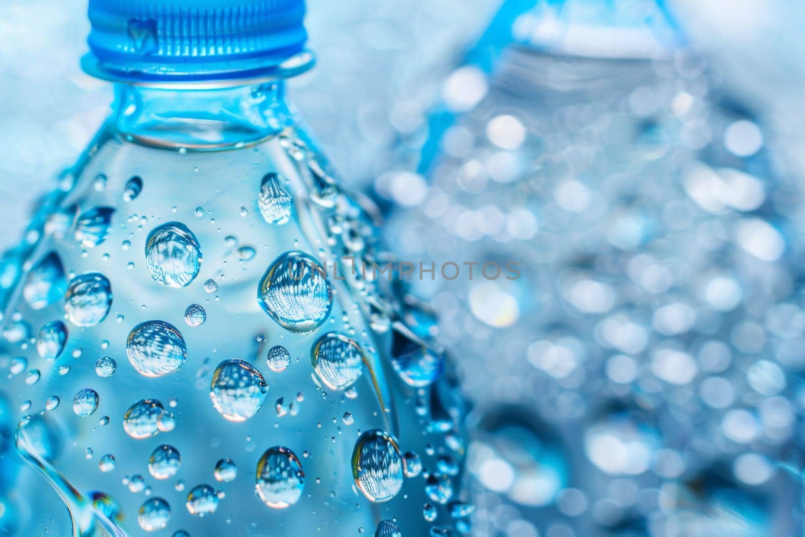 A close-up view of a standard plastic bottle filled with clear drinking water. The label on the bottle is visible, and condensation droplets can be seen on the surface of the container.