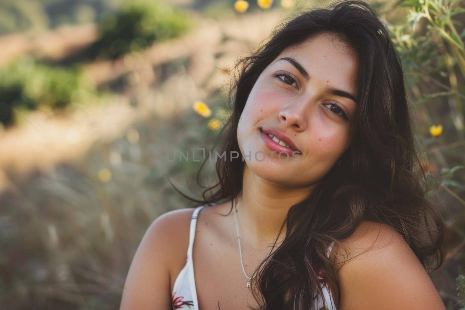 A woman wearing a white top strikes a pose for a photo. She stands confidently, smiling at the camera while showcasing her outfit and demeanor.