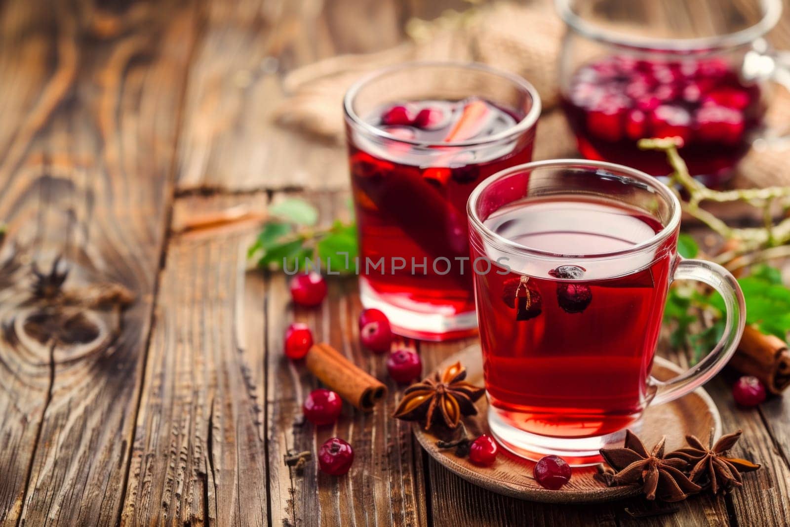 Two glasses filled with cranberry tea are placed on a rustic wooden table. The vibrant red color of the tea contrasts beautifully with the brown hue of the table.
