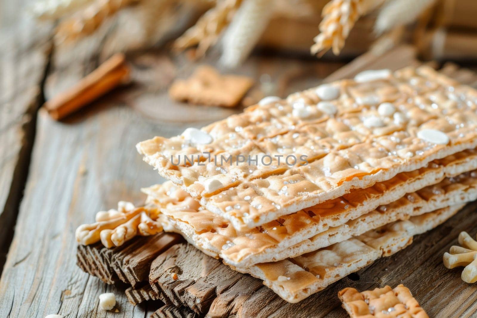 A stack of crackers is neatly arranged on a wooden table, creating a visually appealing display. The crackers are sitting atop the table, showcasing their crispy texture and golden color.