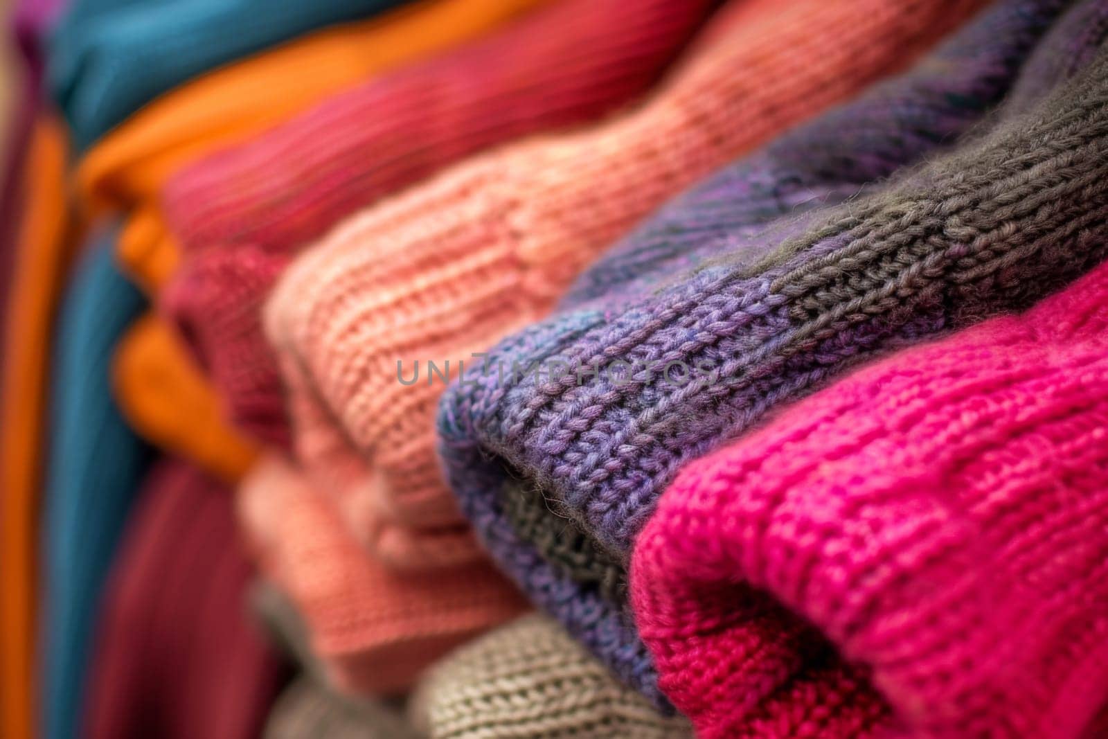 A close-up view of a stack of colorful sweaters piled on top of each other. The sweaters vary in colors and textures, creating a cozy and warm image.