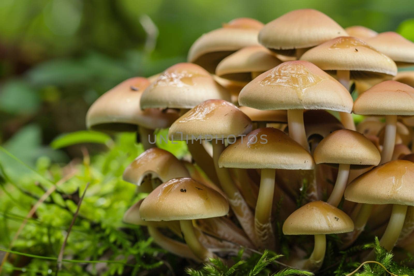 A cluster of mushrooms is seen growing on top of a vibrant green meadow. The mushrooms are various sizes and shapes, with some standing tall and others more squat. The scene portrays a natural interaction between the fungi and the environment.