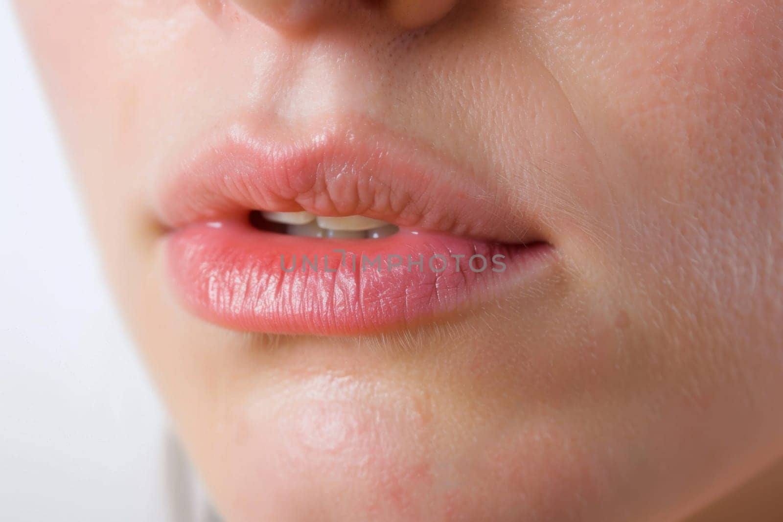 A close-up view of a womans lips and nose. The image shows detailed features such as the shape of the lips and the structure of the nose.