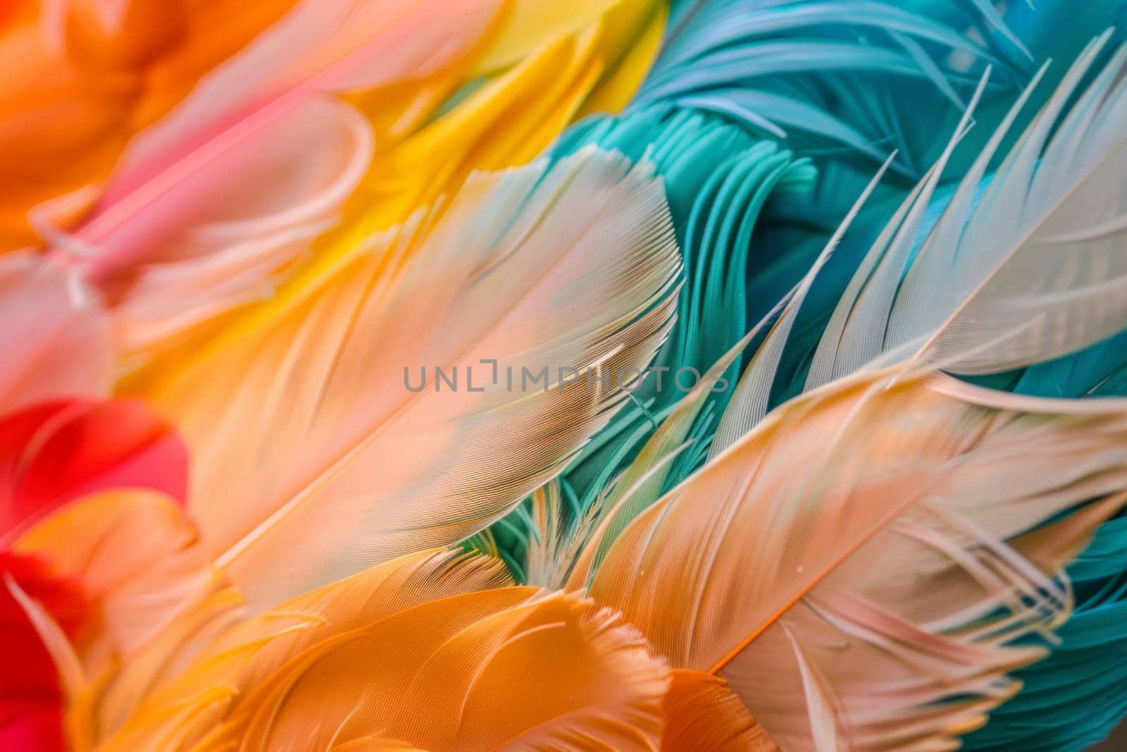 A detailed view of a colorful assortment of feathers, showcasing vibrant hues and intricate patterns. The feathers are densely packed, creating a visually striking display of natural beauty.