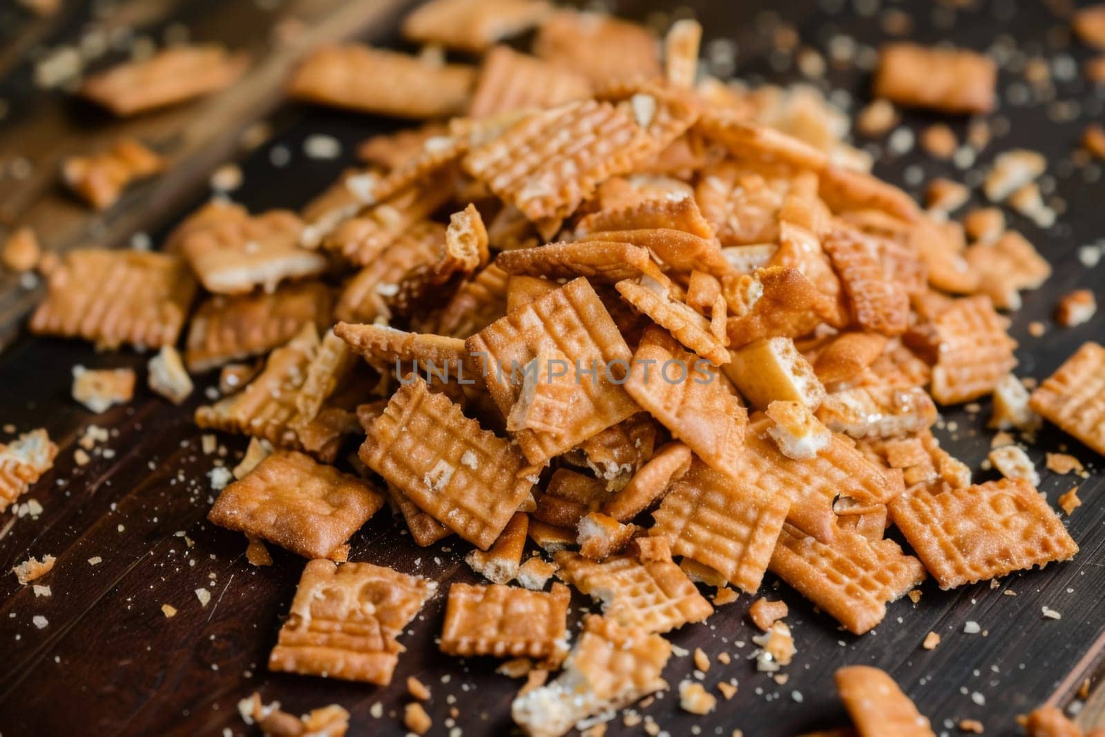 A pile of crispy cheesy crackers is neatly arranged on a wooden cutting board. The crackers are golden brown and have a delicious aroma.