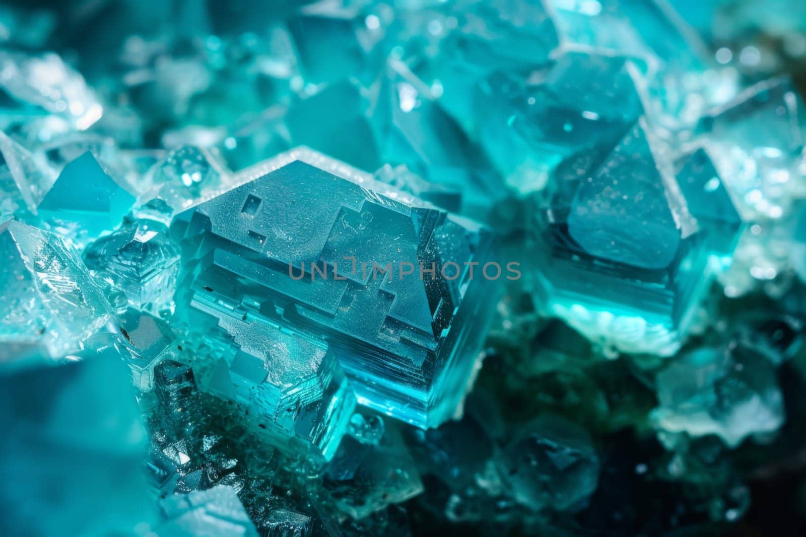 A detailed close-up view of vibrant blue crystals, showcasing their intricate structure and intense color under bright light. Each crystal reflects light differently, creating a mesmerizing visual effect.