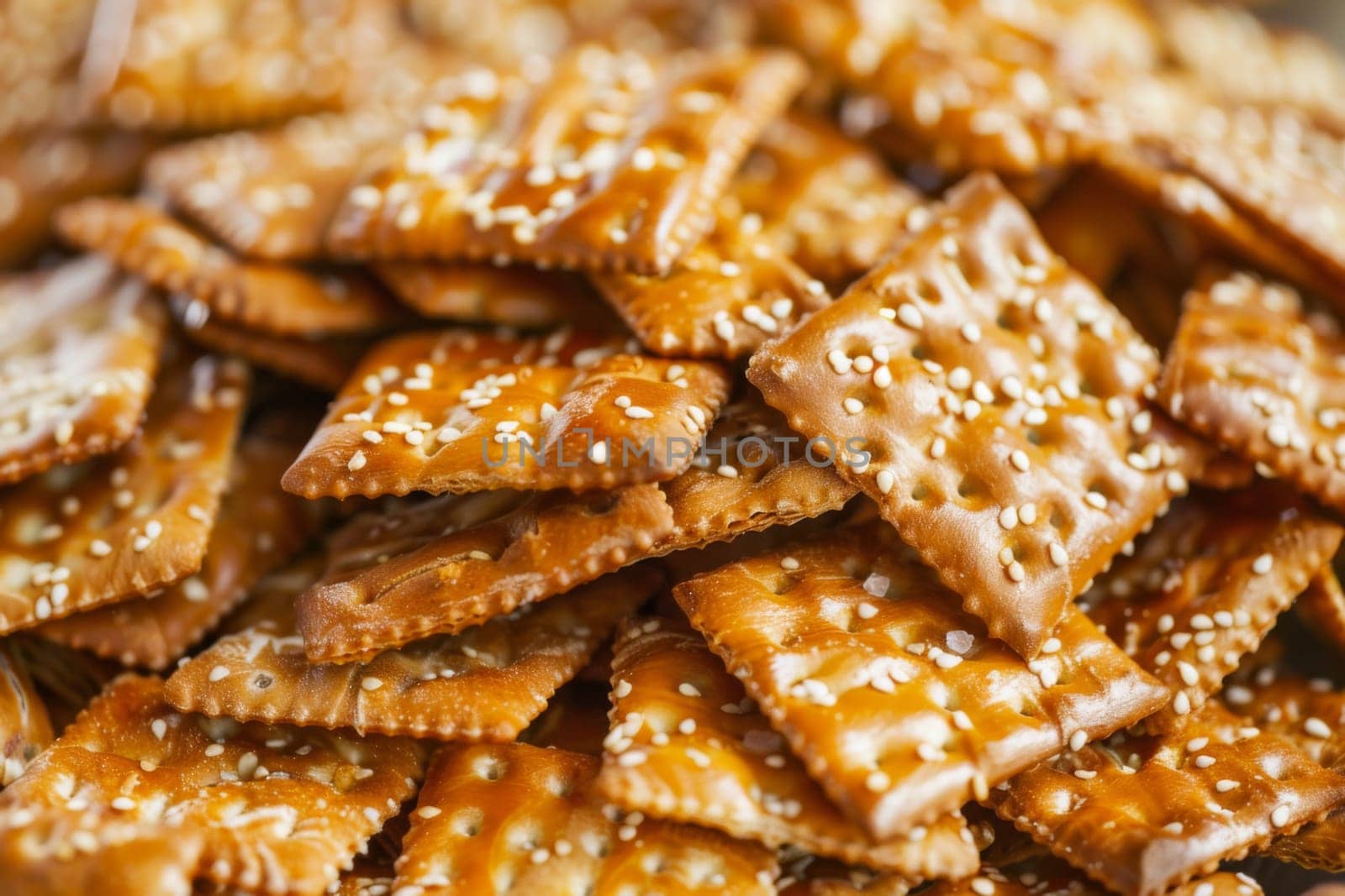 A substantial pile of sesame seed crackers stacked together, each cracker topped generously with sesame seeds. The golden-brown crackers are crispy and appear savory, with a sprinkling of small sesame seeds adding texture.