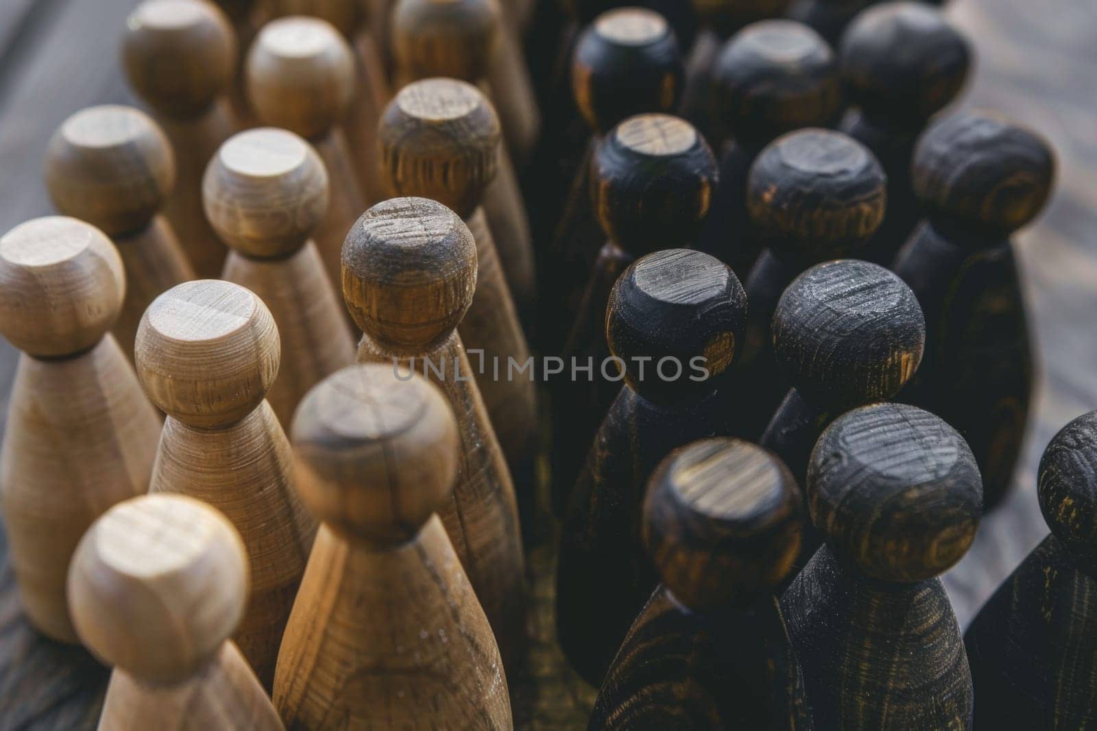 Several wooden pegs are arranged neatly on top of a wooden table. The pegs are varied in size and color, creating an interesting pattern.