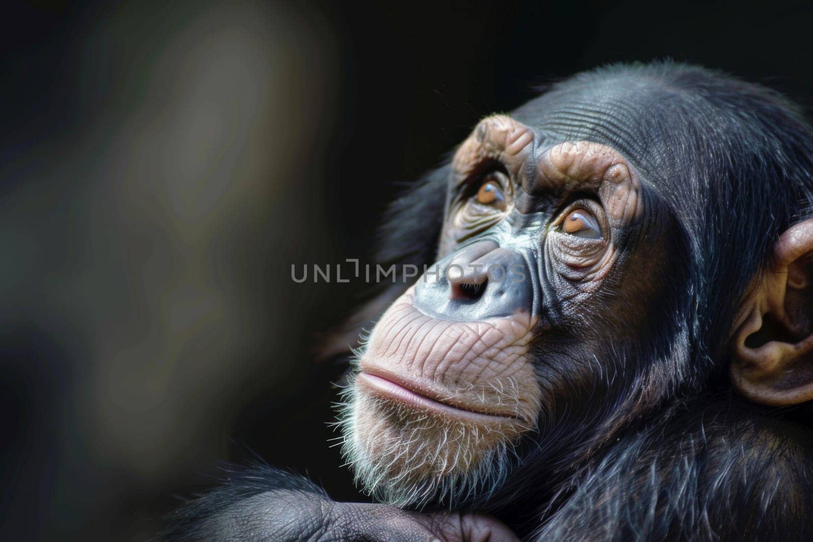 A close-up view of a chimpanzees face dominates the frame, showcasing its expressive features such as furrows on the forehead, prominent nose, and intelligent eyes. The background is blurred, drawing full attention to the chimpanzee.